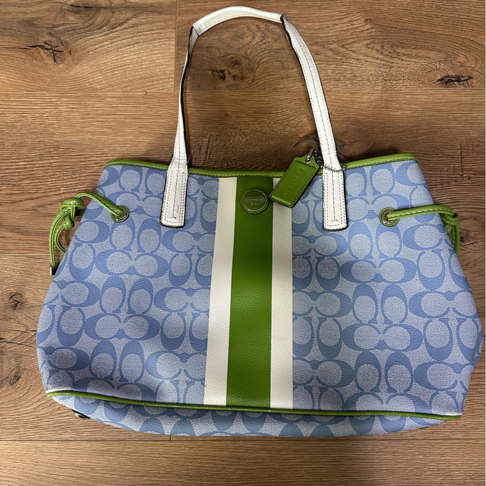 Coach Blue & Green Signature Stripe Tote Bag